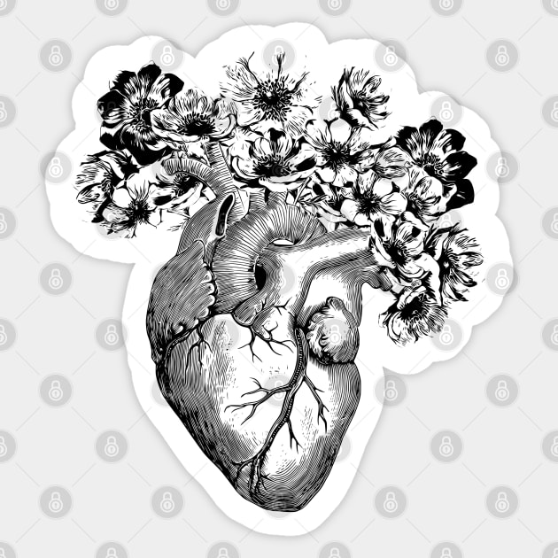 Human heart black and white with crow flowers anemones Sticker by Collagedream